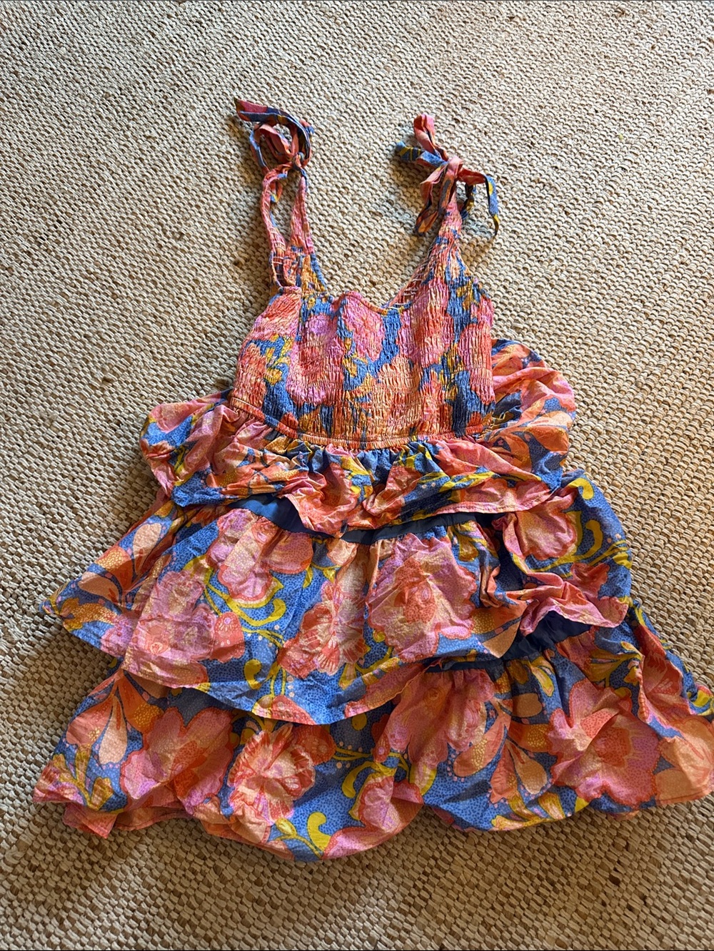 Olivaceous Pink Floral Tiered Sundress with Blue and Yellow Accents